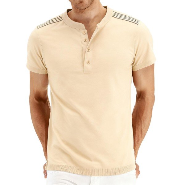 Men's Beige Henley Short-Sleeve Shirt with Striped Shoulder Details