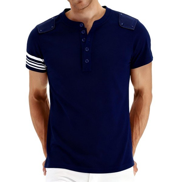 Men's Navy Blue Henley Short-Sleeve Shirt with Epaulet and Striped Sleeve