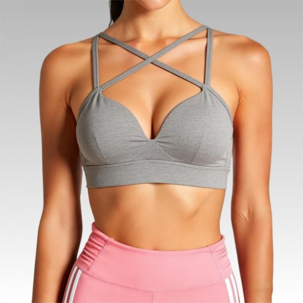 Heather Gray Crisscross Back Sports Bra with Pink Striped Leggings