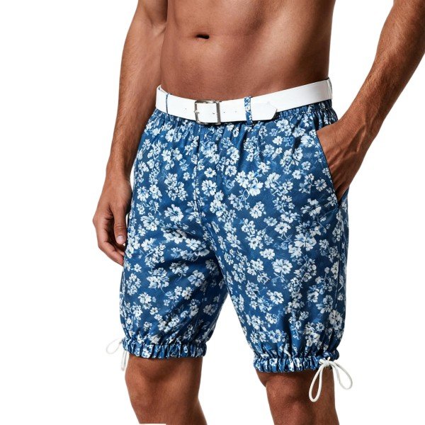 Men's Blue Floral Print Drawstring Waist Shorts with White Belt