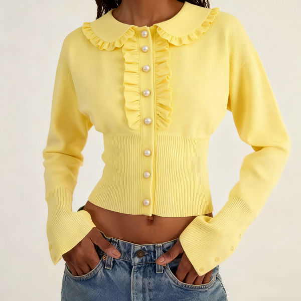 Playful Yellow Cardigan with Ruffles & Pearls