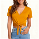 Mustard Yellow V-Neck Knotted Crop Top